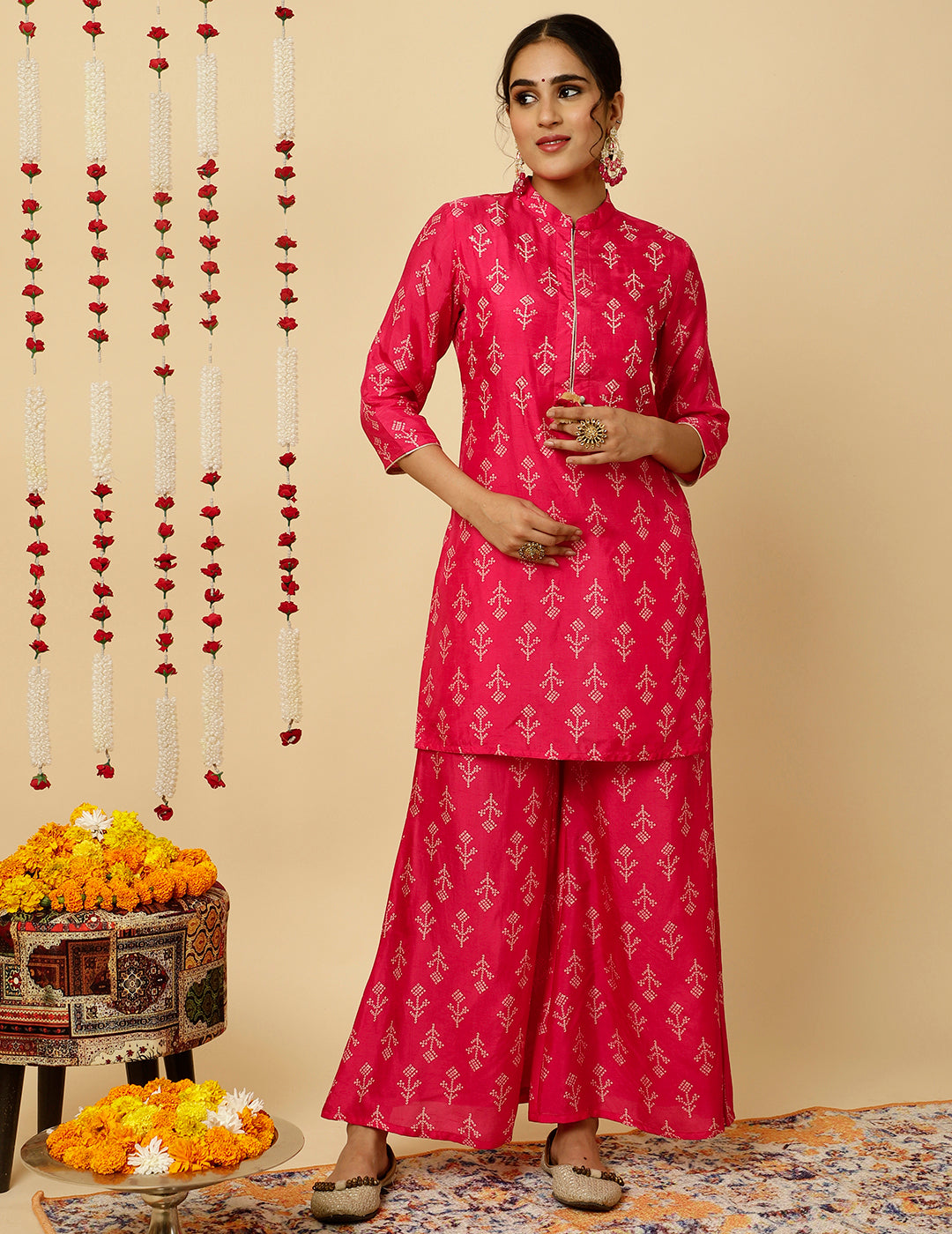 Bandhani Printed Dola Silk Pink Co-ord Set