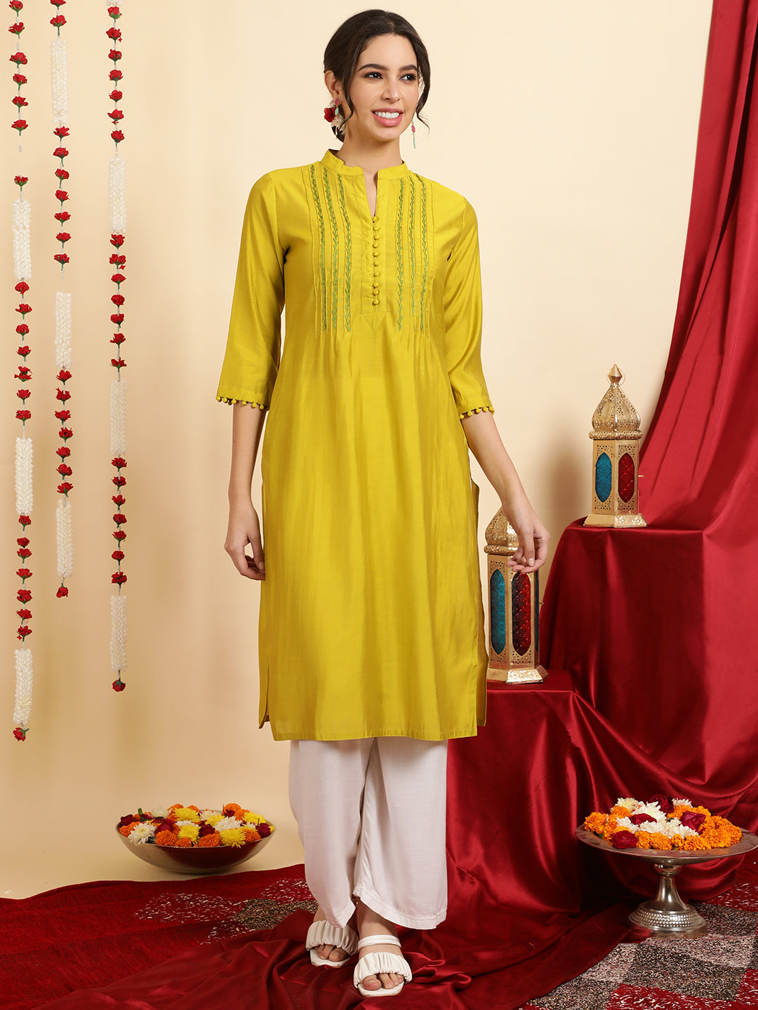 Embroidered Mustard Pintuck Straight Kurta
