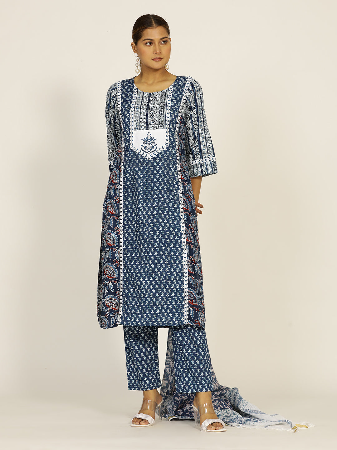 Indigo Blue Embroidered Cotton Straight Kurta Set with Dupatta