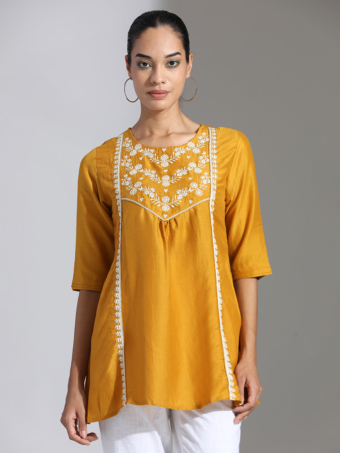 Mustard Embroidered Party Wear Gathered Top