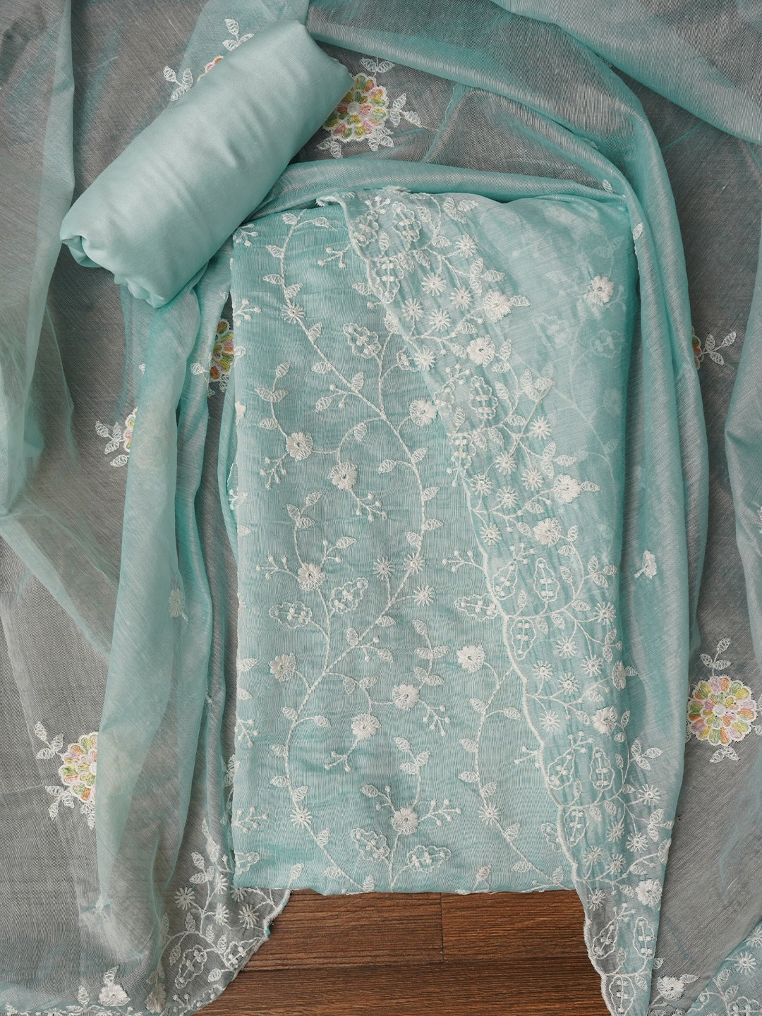 Sea Green Cotton Lucknowi Embroidered Dress Material with Dupatta