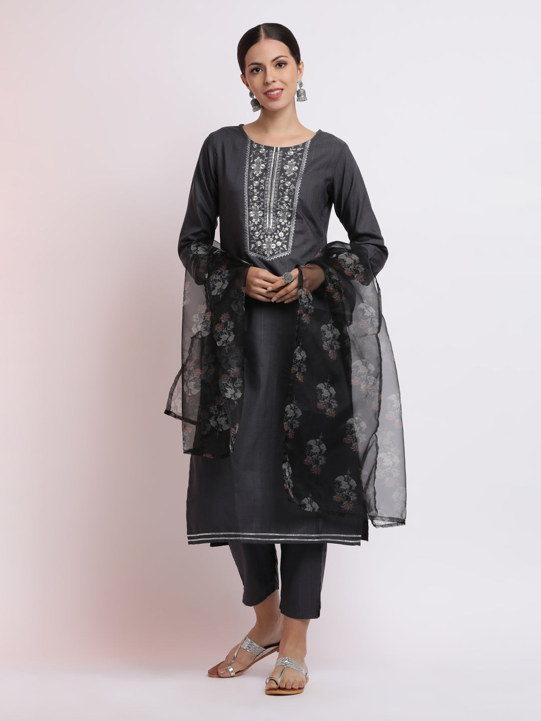 Poly Silk Embroidered Kurta Set With Organza Dupatta