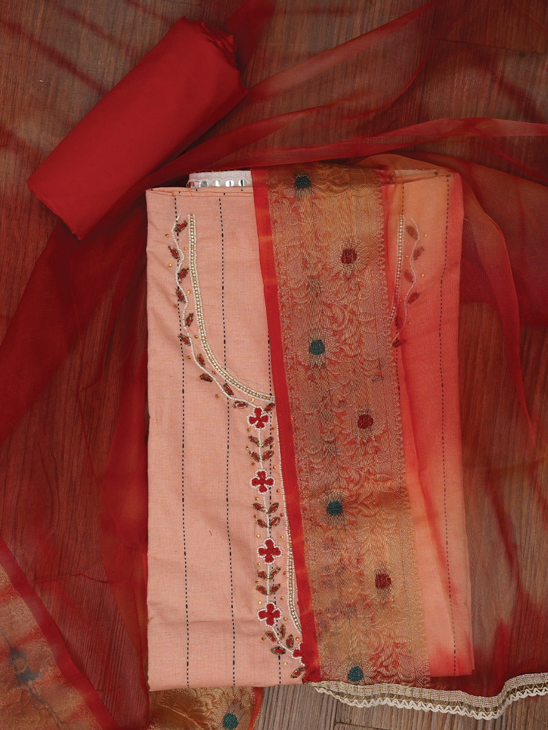 Peach Cotton Woven Design Embellished Dress Material with Dupatta