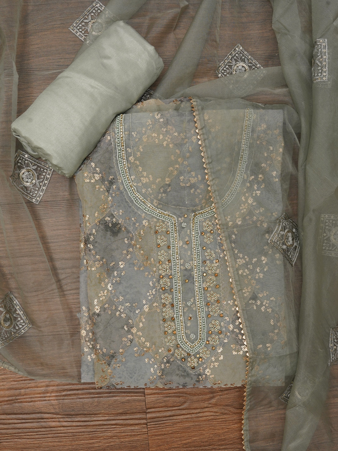 Sequin Embellished Multicolor Organza Dress Material with Dupatta