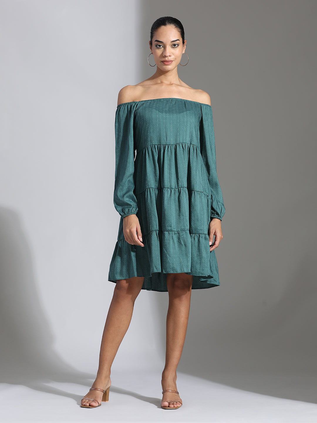 Teal Party Wear Tiered Flared Dress