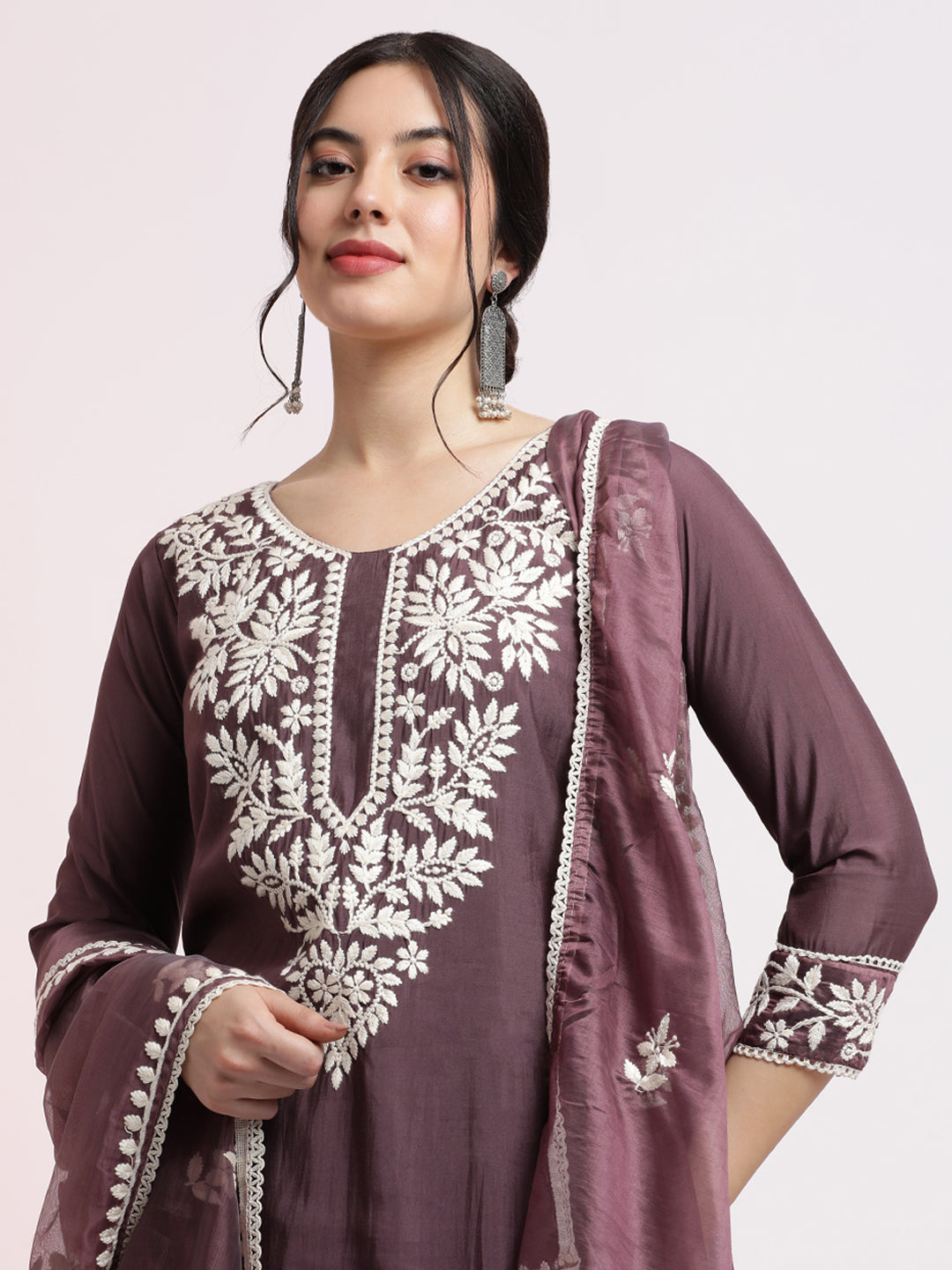 Lavender Floral Embroidered Festive Kurta Set With Dupatta