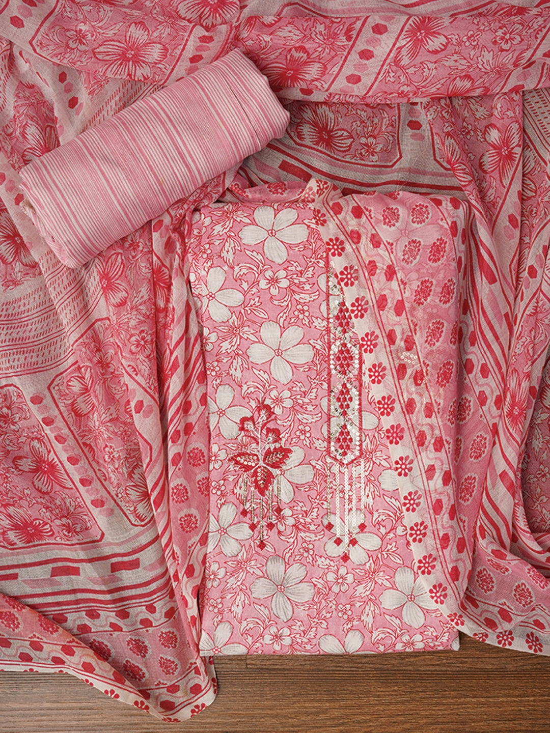 Pink Embellished Floral Printed Pure Cotton Dress Material with Dupatta