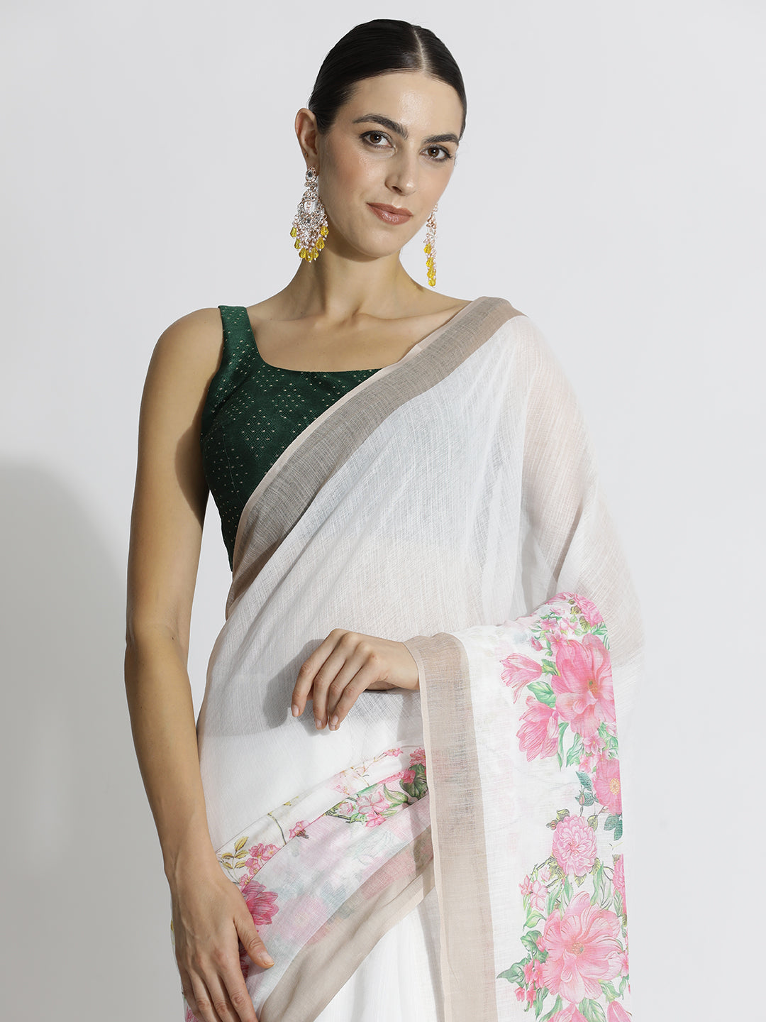 Floral Printed Daily Wear Pure Linen White Saree