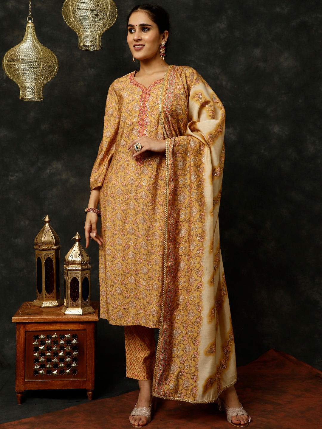 Yellow Foil Printed Kurta With Pants And Dupatta