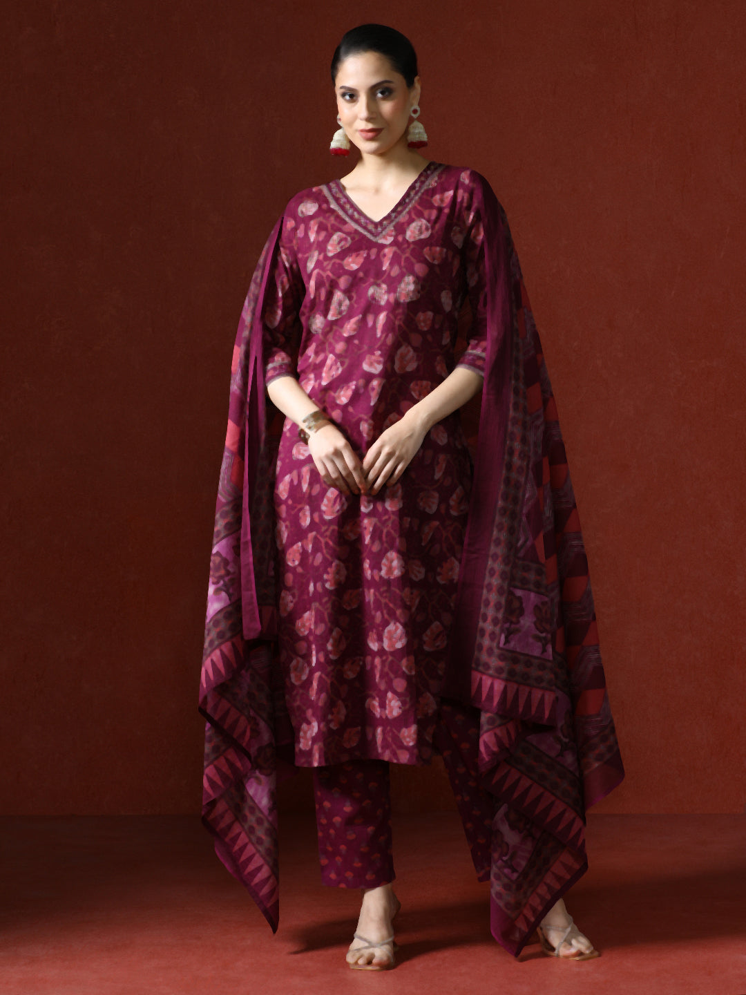 Ethnic Printed Cotton Red Kurta Set With Dupatta