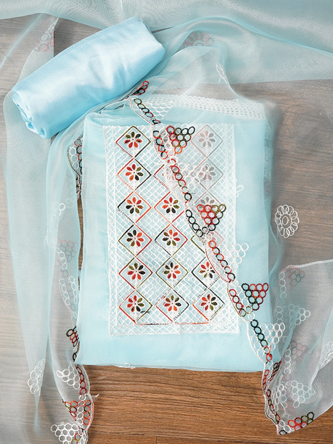 Sky Blue Zari Embroidered Organza Dress Material with Dupatta