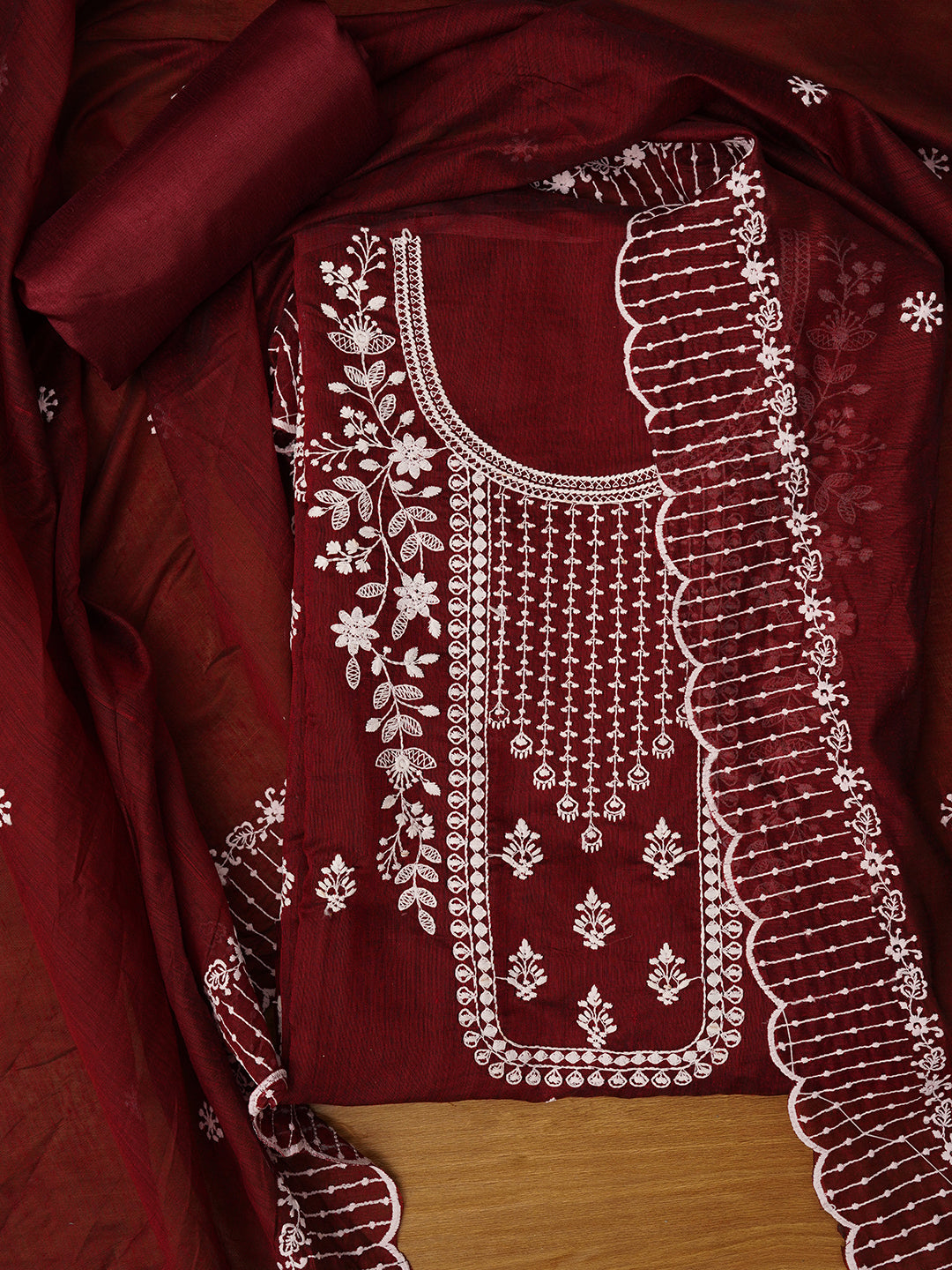 Unstitched Embroidered Cotton Blend Maroon Dress Material With Dupatta
