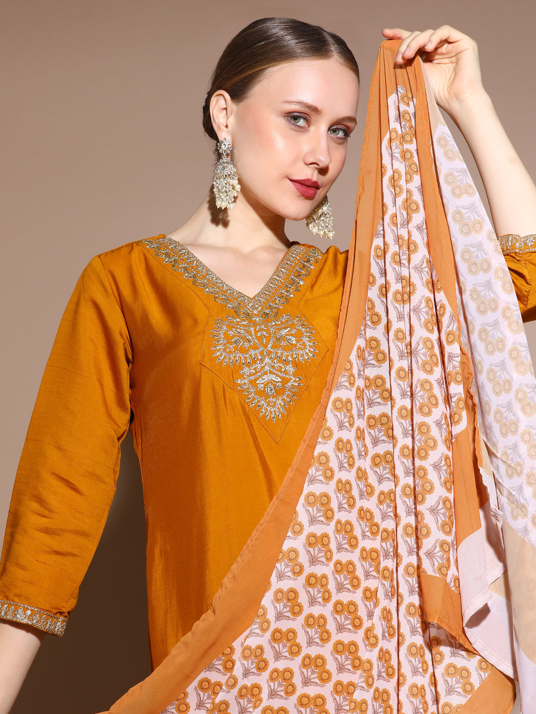 Mustard Festive Embroidered Silk Blend Kurta Set With Printed Dupatta