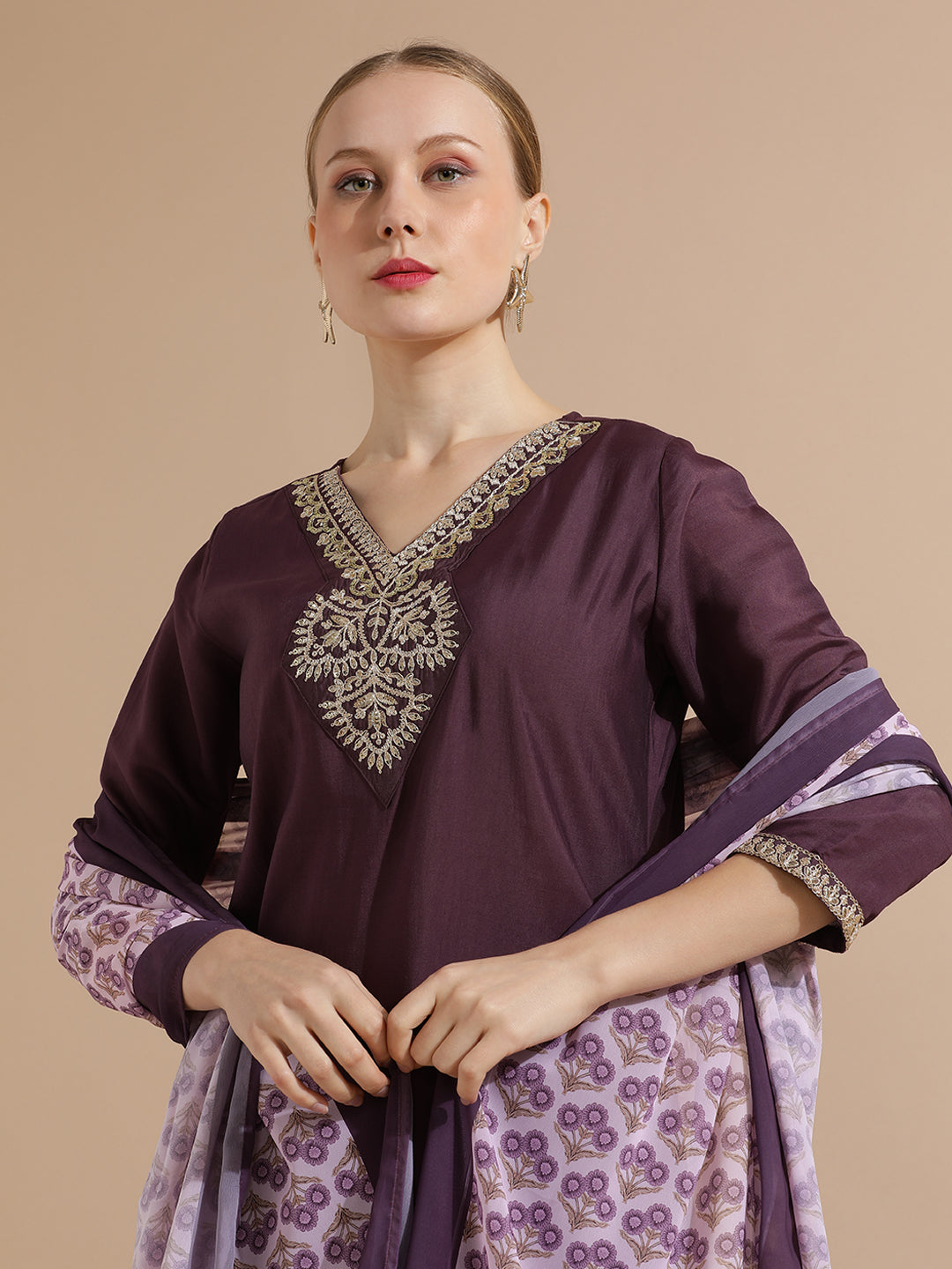 Purple Festive Embroidered Silk Blend Kurta Set With Printed Dupatta