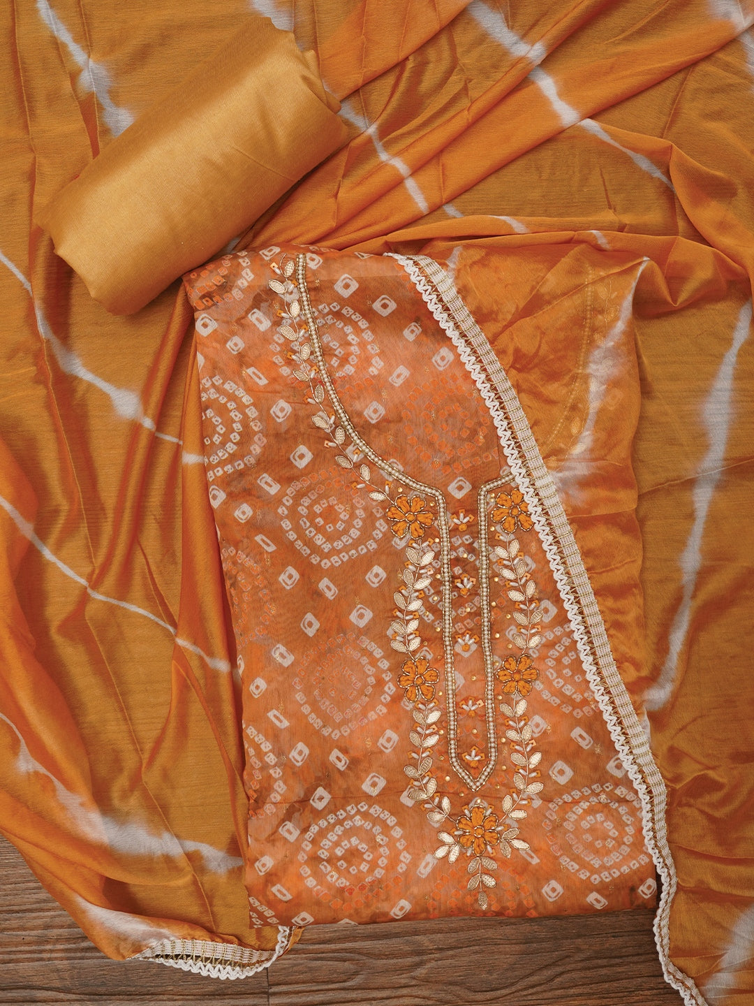 Mustard Bandhani Embroidered Dress Material with Leheriya Dupatta