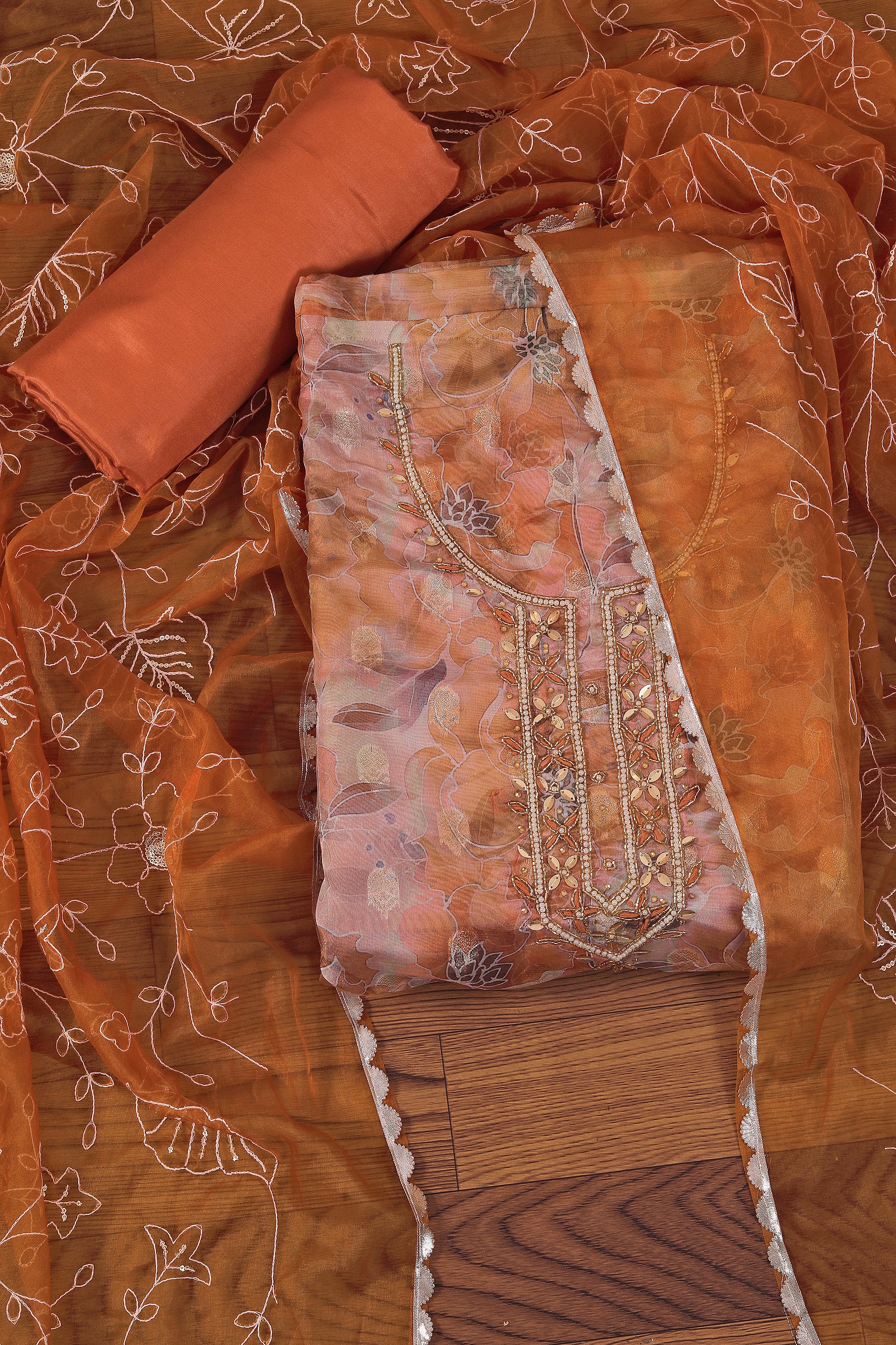 Light Orange Embellished Ethnic Motif Printed Organza Dress Material With Dupatta