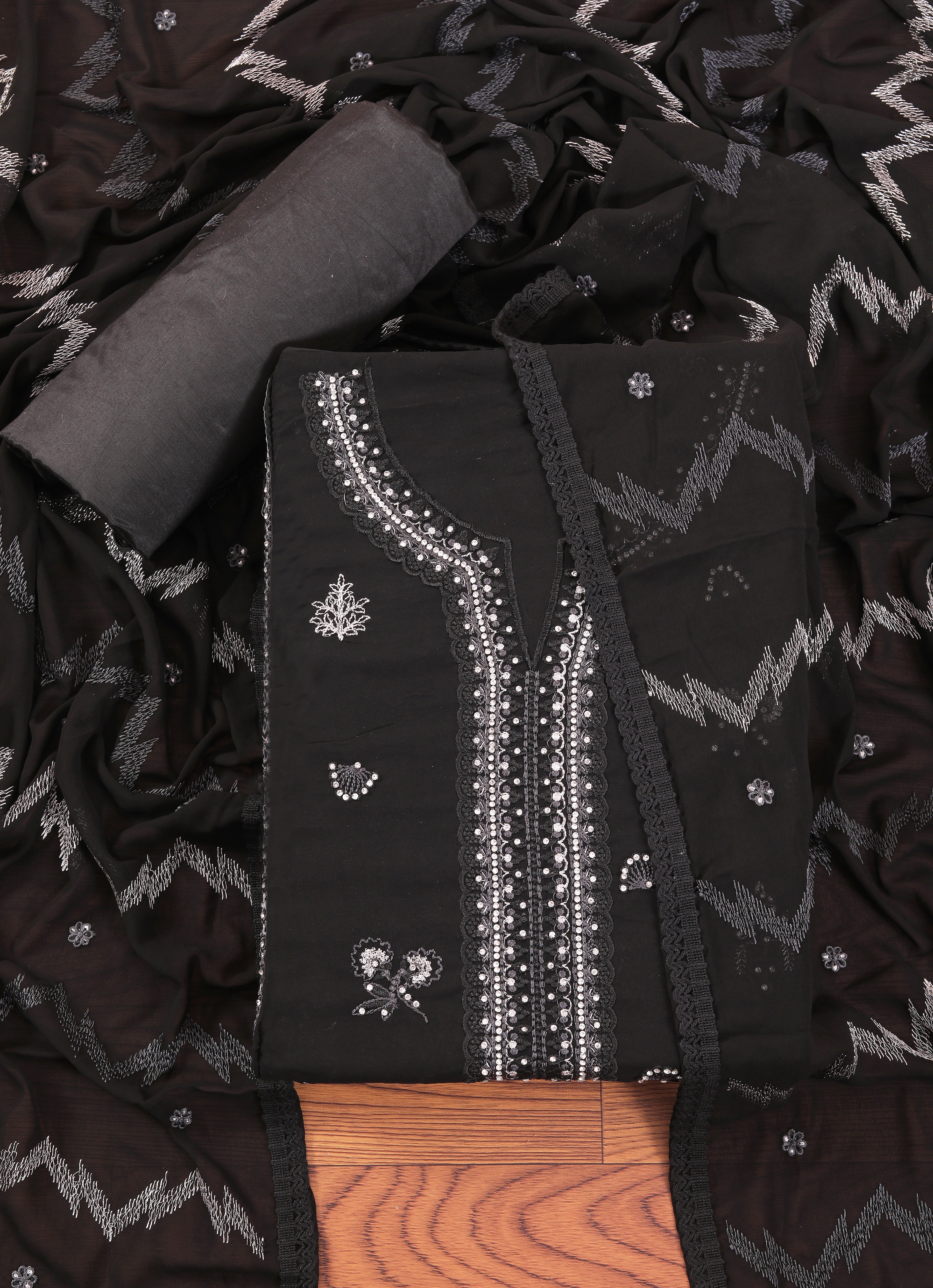 Black Heavy Embroidered Poly Georgette Dress Material with Dupatta