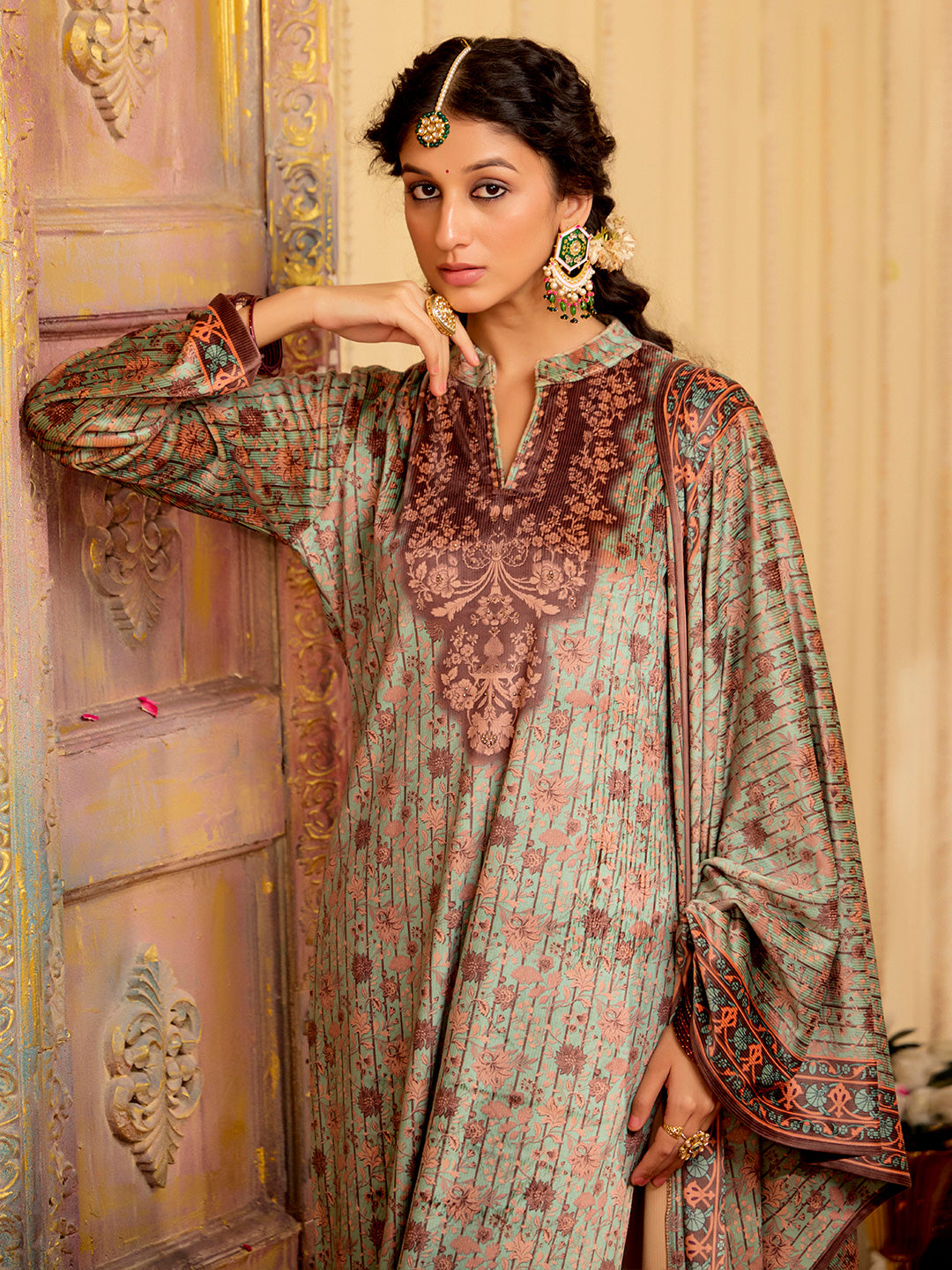 Mint Green Woolen Ethnic Printed Kurta Set With Dupatta
