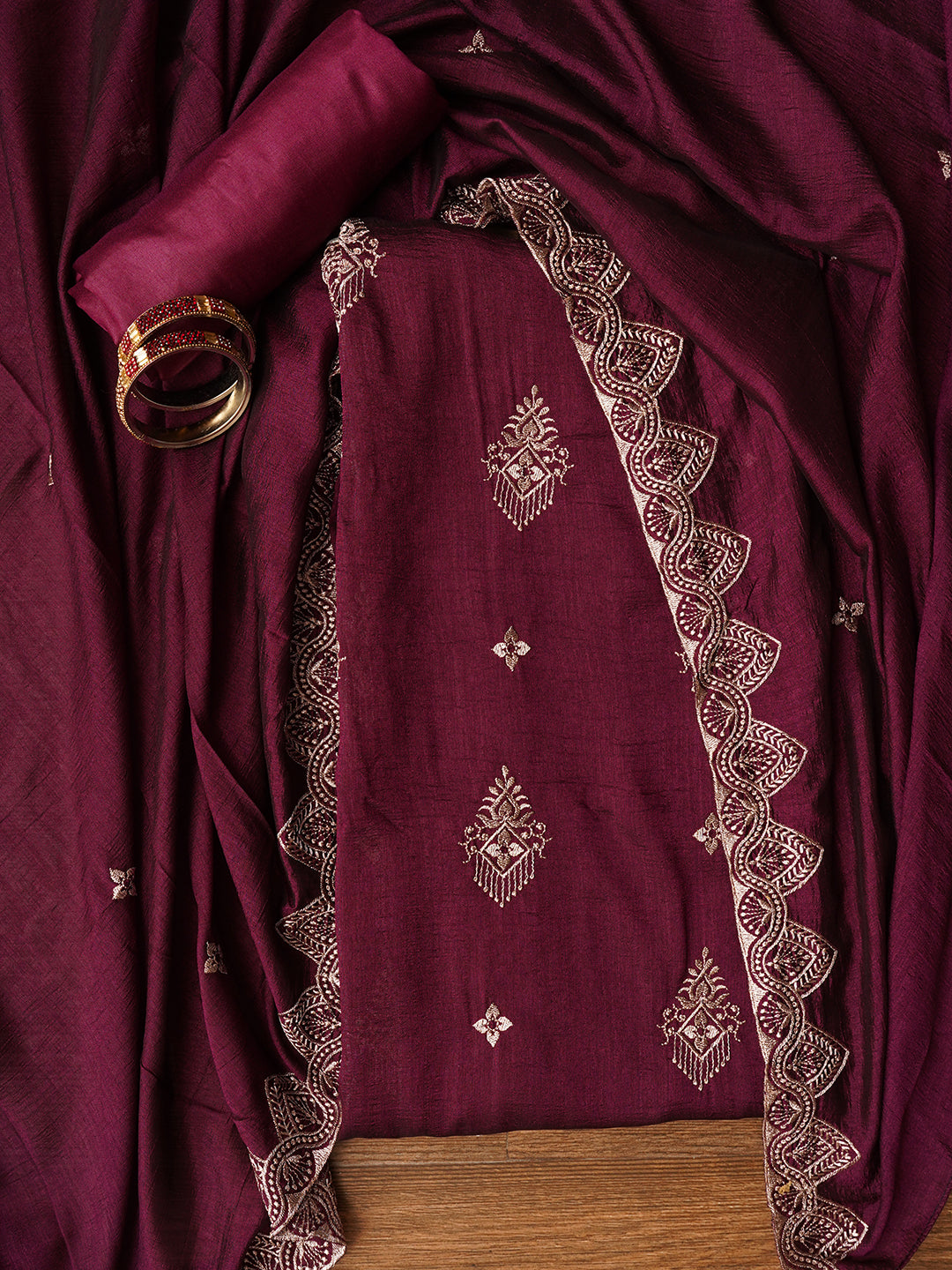 Purple Unstitched Embroidered Silk Blend Dress Material With Dupatta