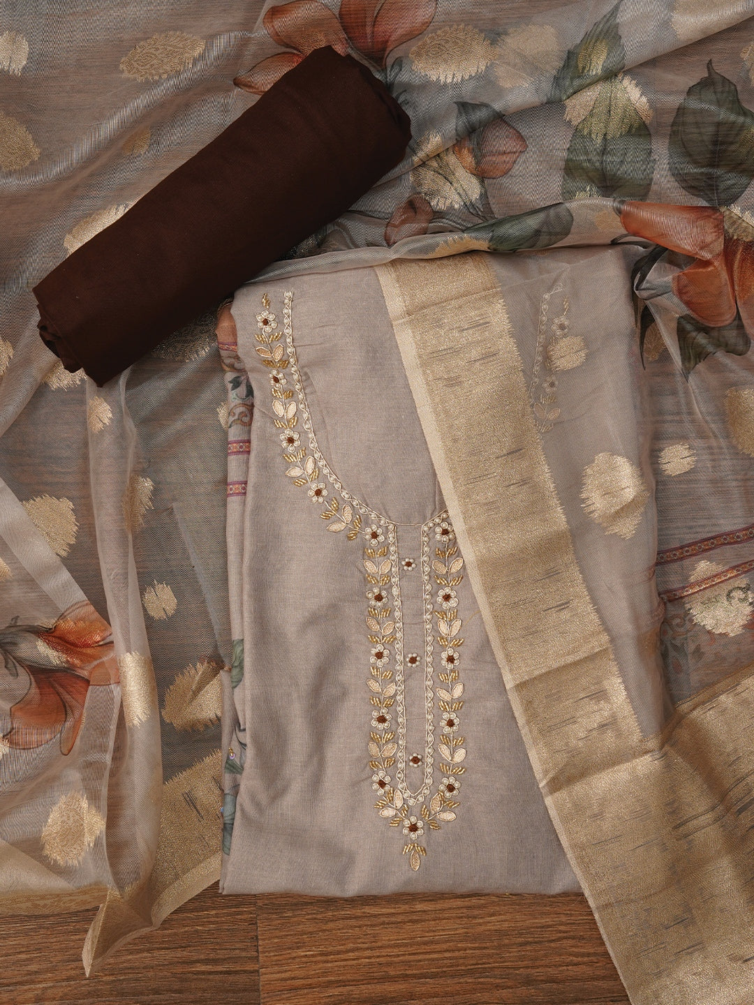 Grey Embellished Floral Printed Cotton Blend Dress Material with Dupatta