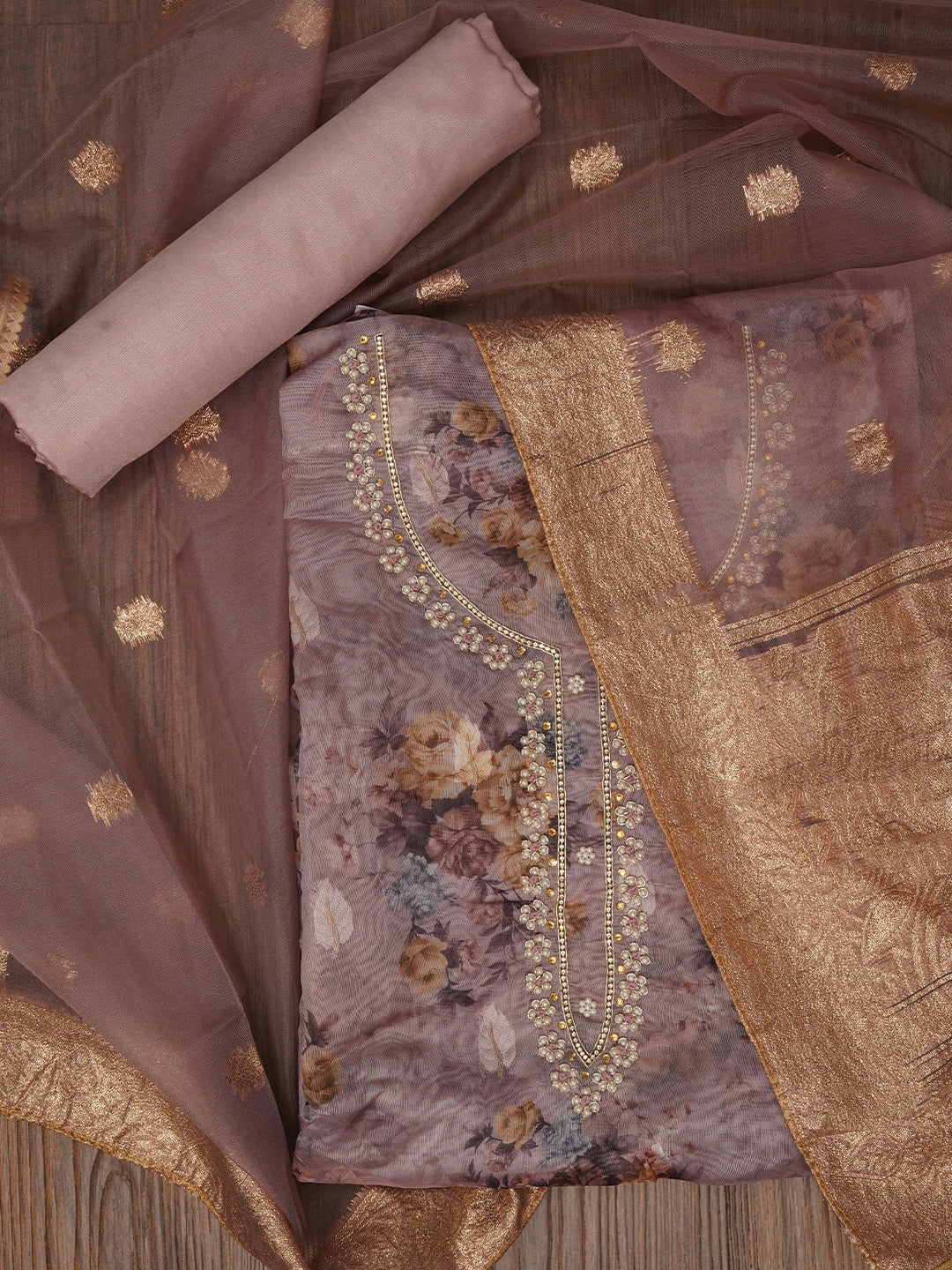 Rose Gold Embellished Floral Printed Organza Dress Material with Dupatta