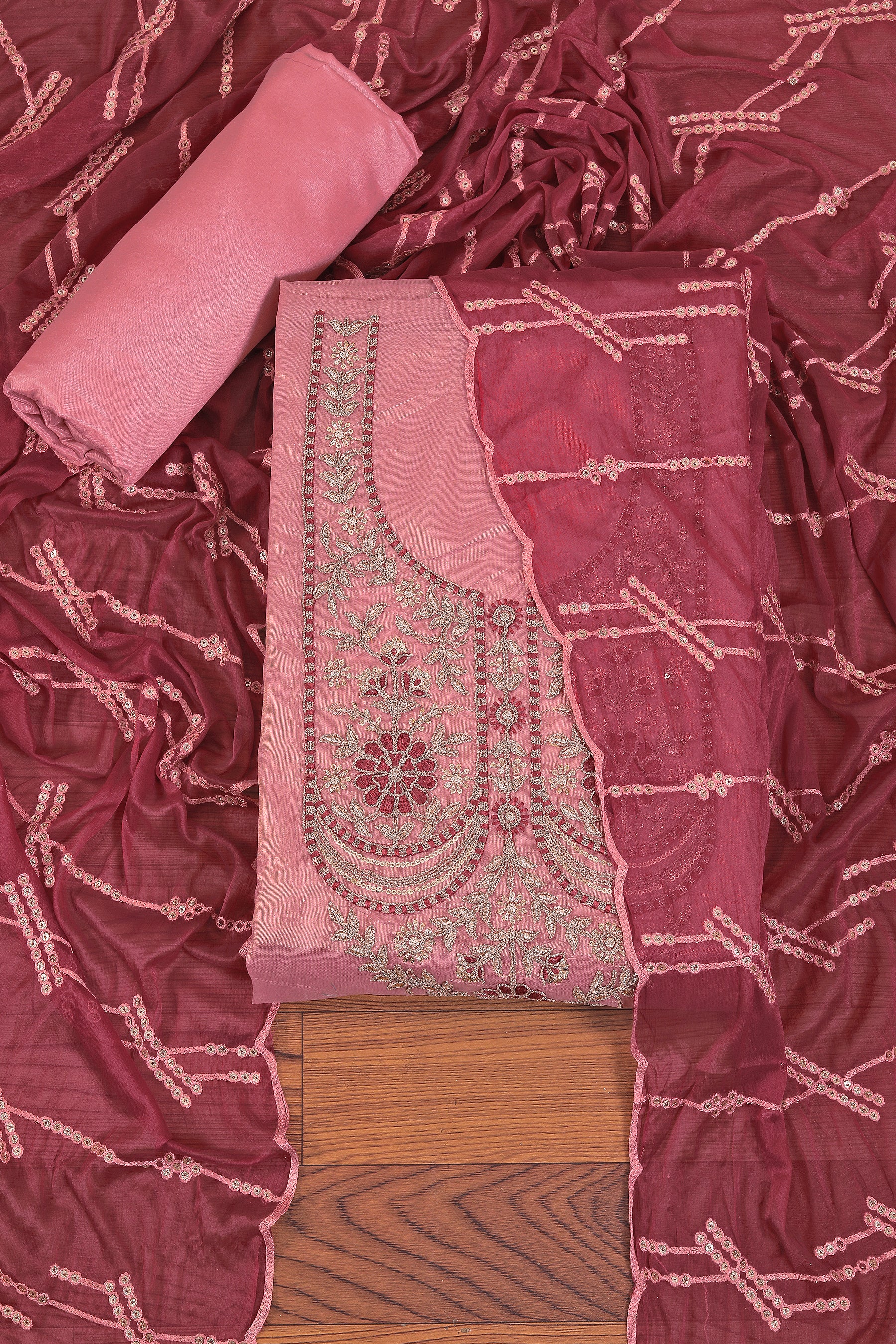 Rani Zari Embroidered Silk Blend Dress Material With Embellished Dupatta