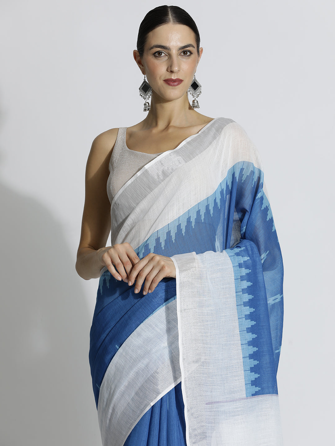 Blue Geometric Printed Daily Wear Pure Linen Saree
