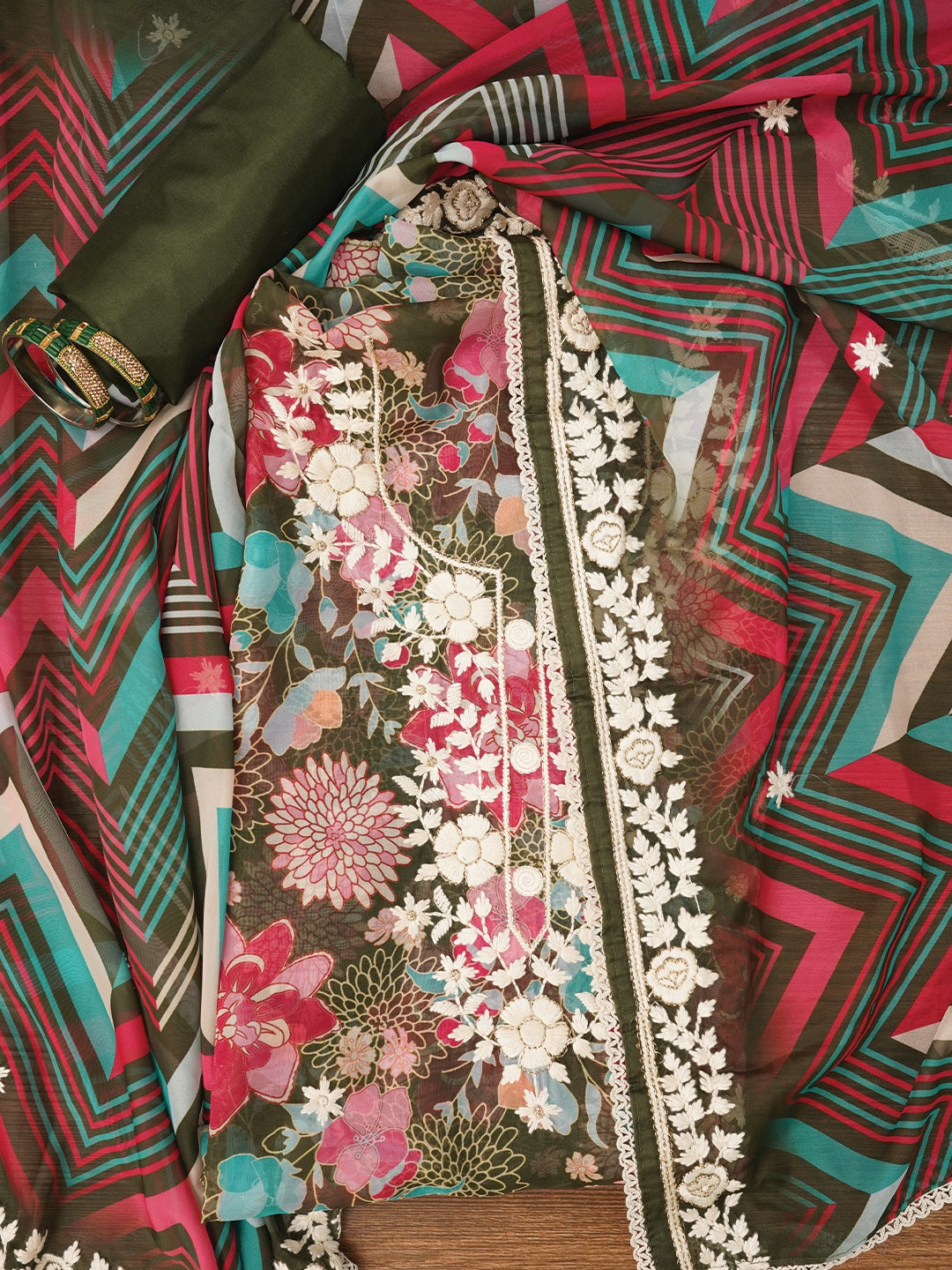 Olive Green Lucknowi Embroidered Organza Dress Material with Dupatta