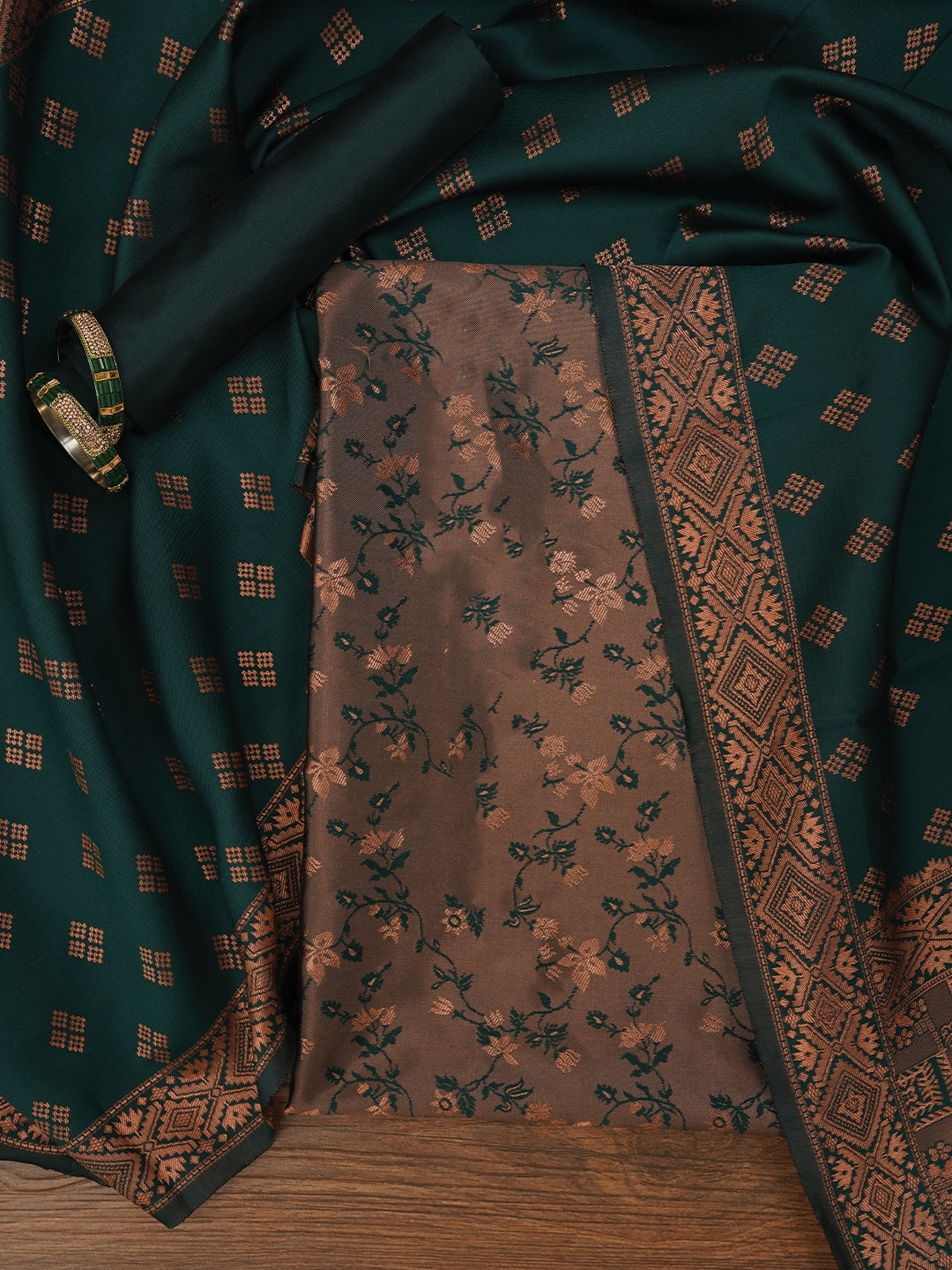 Mehandi Floral Silk Zari Woven Dress Material with Dupatta