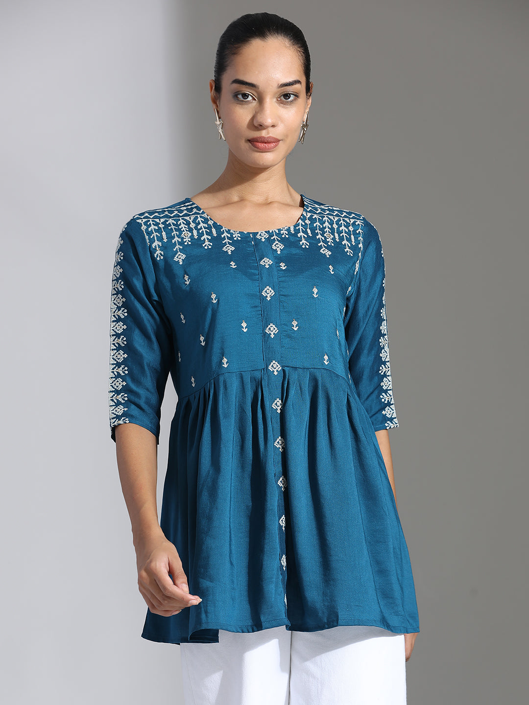 Teal Embroidered Party Wear Peplum Top