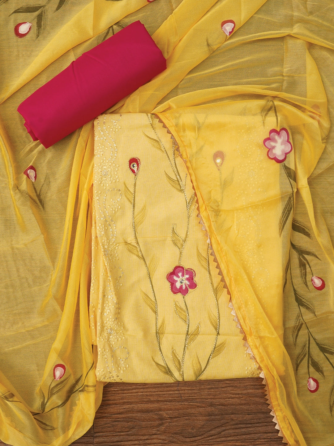 Yellow Handpainted Embroidered Dress Material with Dupatta
