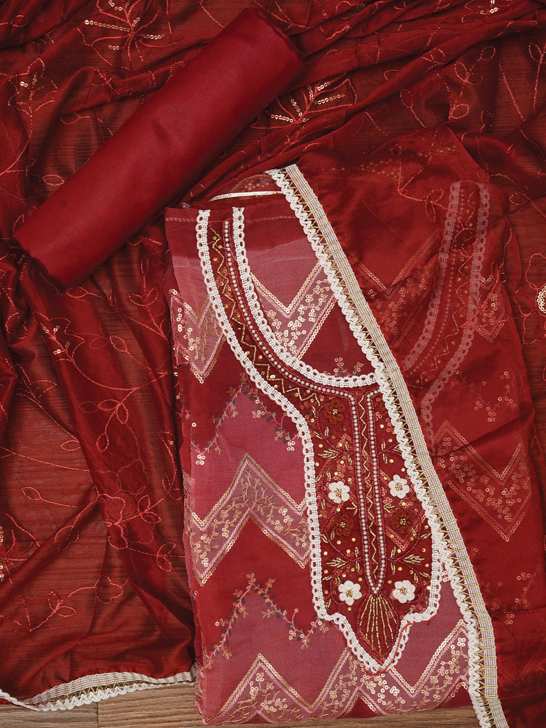 Red Sequin Embroidered Organza Dress Material with Dupatta