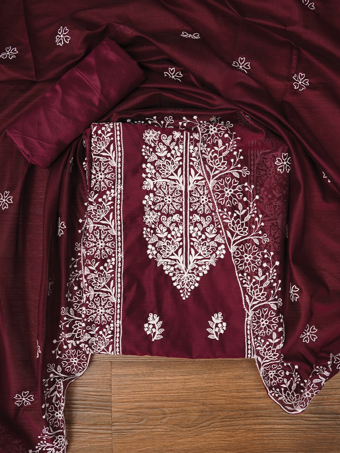 Purple Zari Embroidered Organza Dress Material with Dupatta