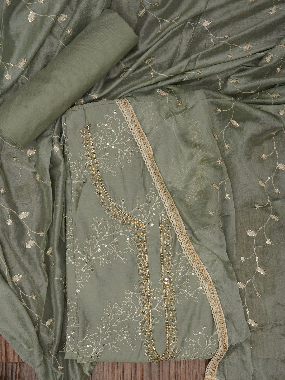 Sea Green Sequin Embroidered Pure Cotton Dress Material with Dupatta