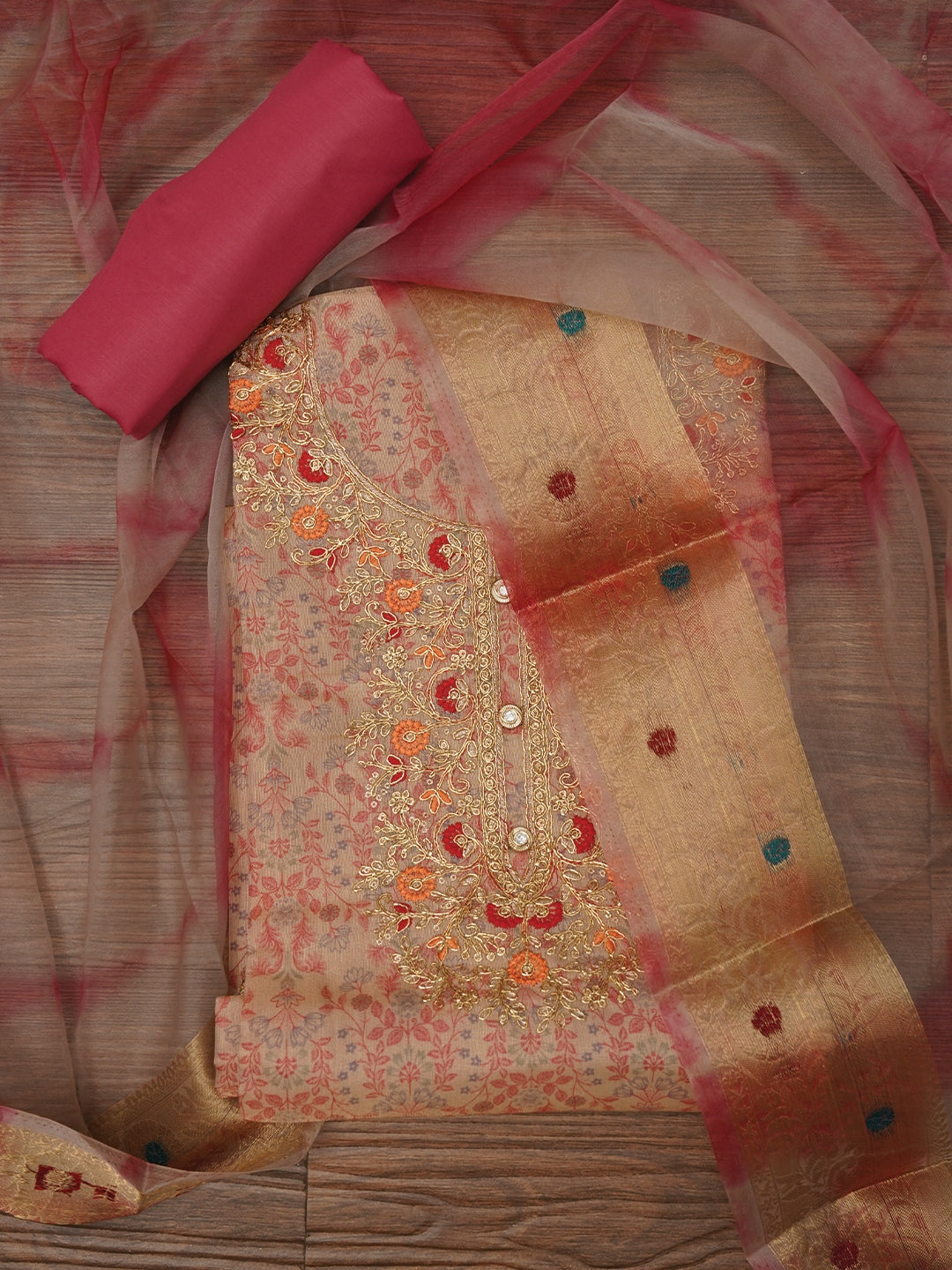 Pink Embellished Organza Dress Material with Dupatta