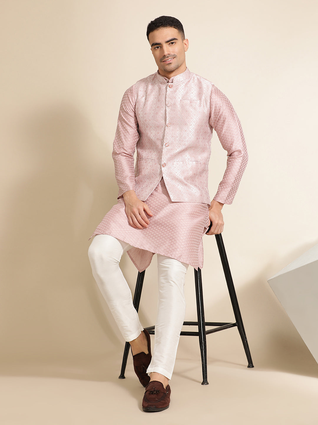 Pink Festive Kurta With Printed Nehru Jacket Set