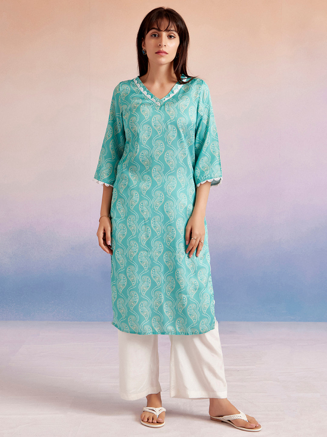 Turquoise Blue Bandhej Printed Straight Kurta