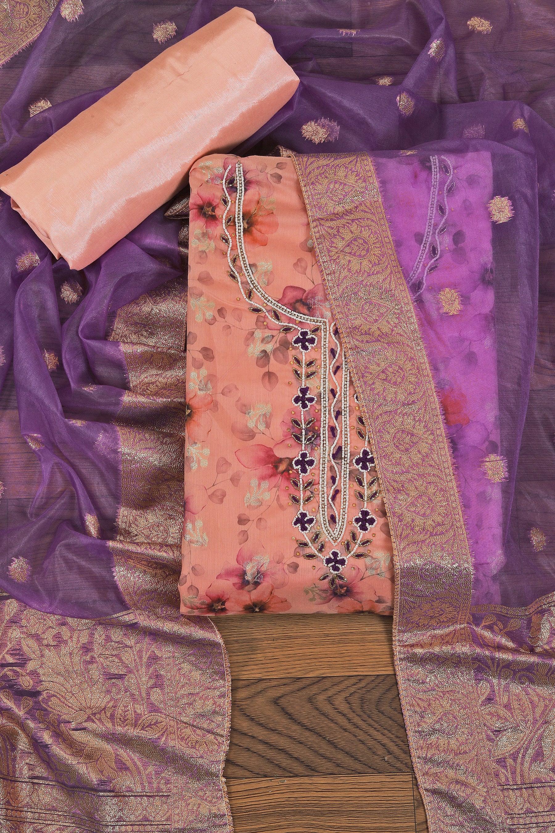 Orange Cotton Blend Embellished Dress Material with Dupatta