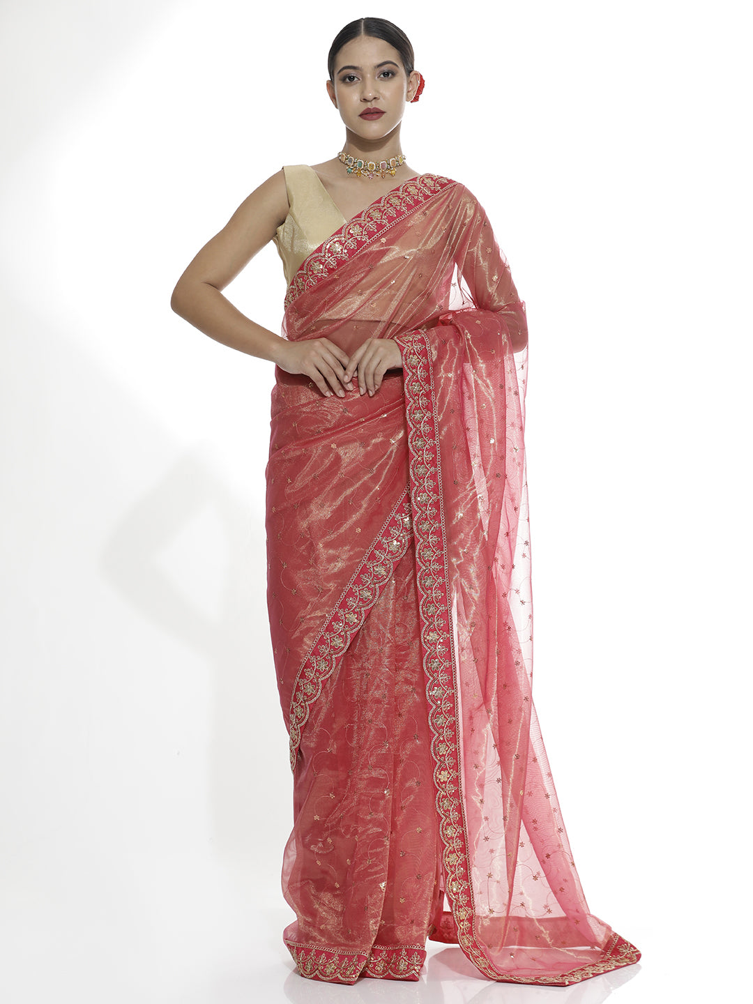 Sequin Pink Embroidered Net Party Wear Saree