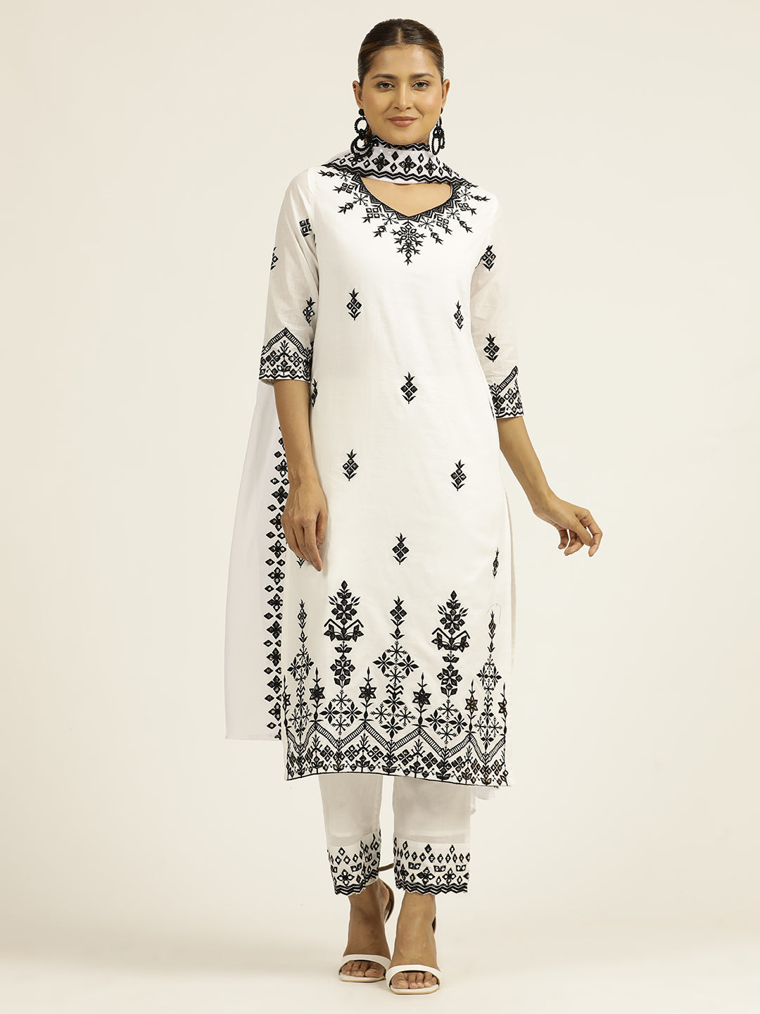 Resham Embroidered White Cotton Suit Set