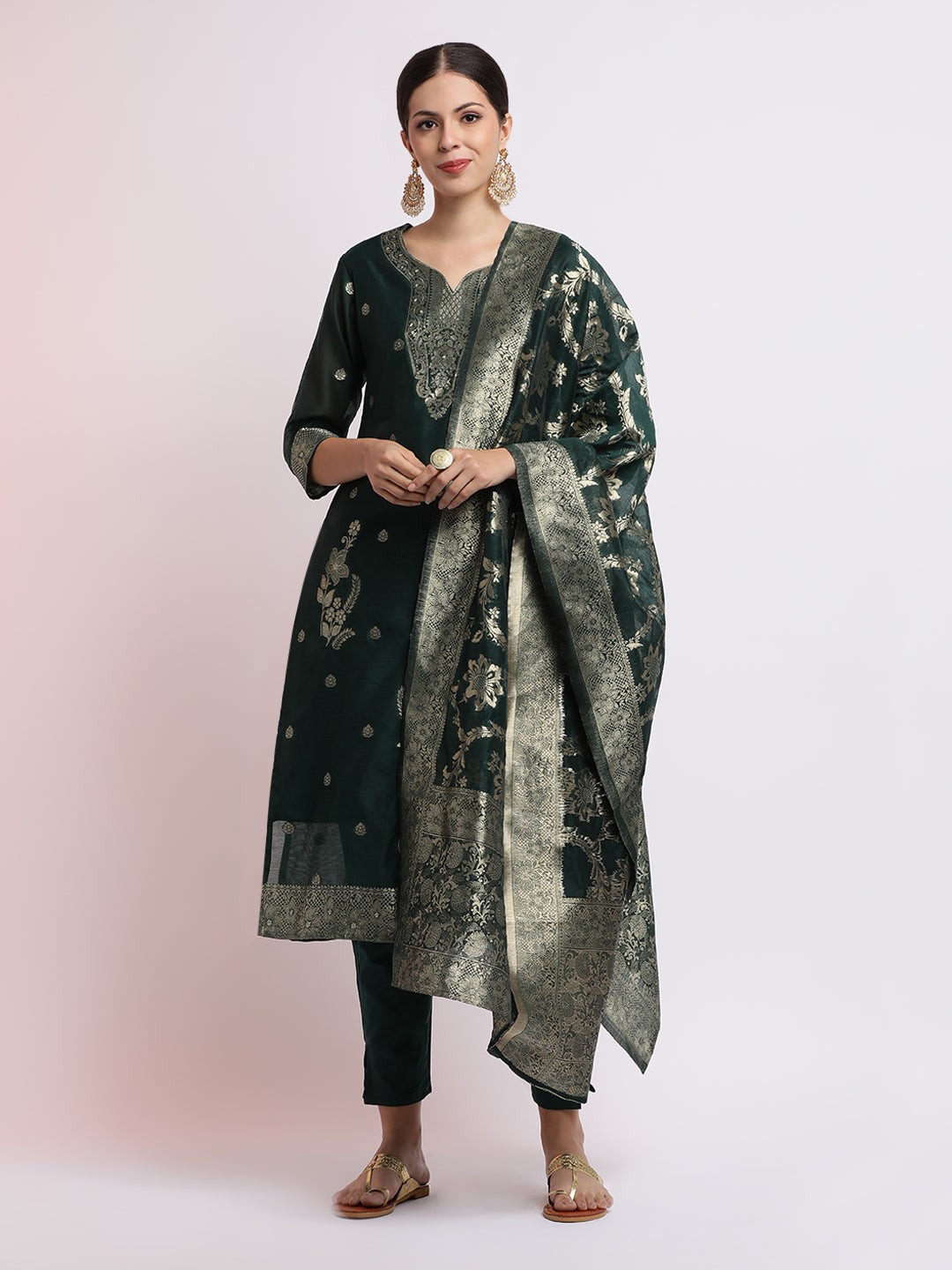 Green Woven Design Jacquard Kurta Set With Dupatta