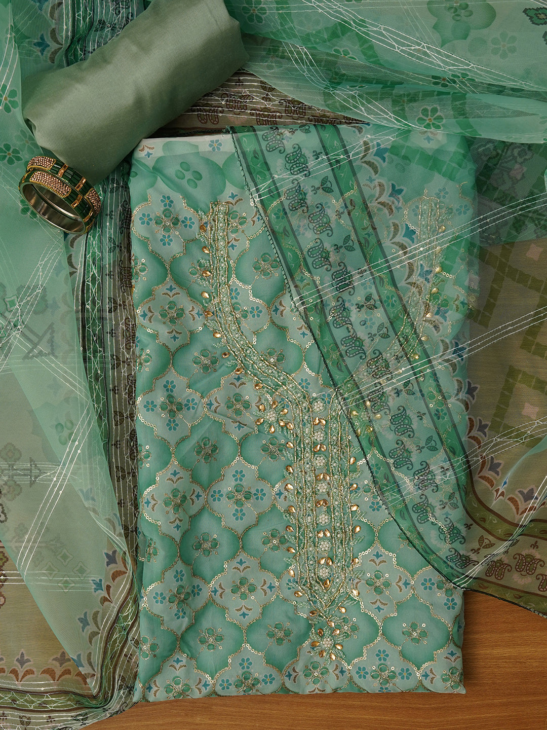 Unstitched Embroidered Green Organza Dress Material With Dupatta