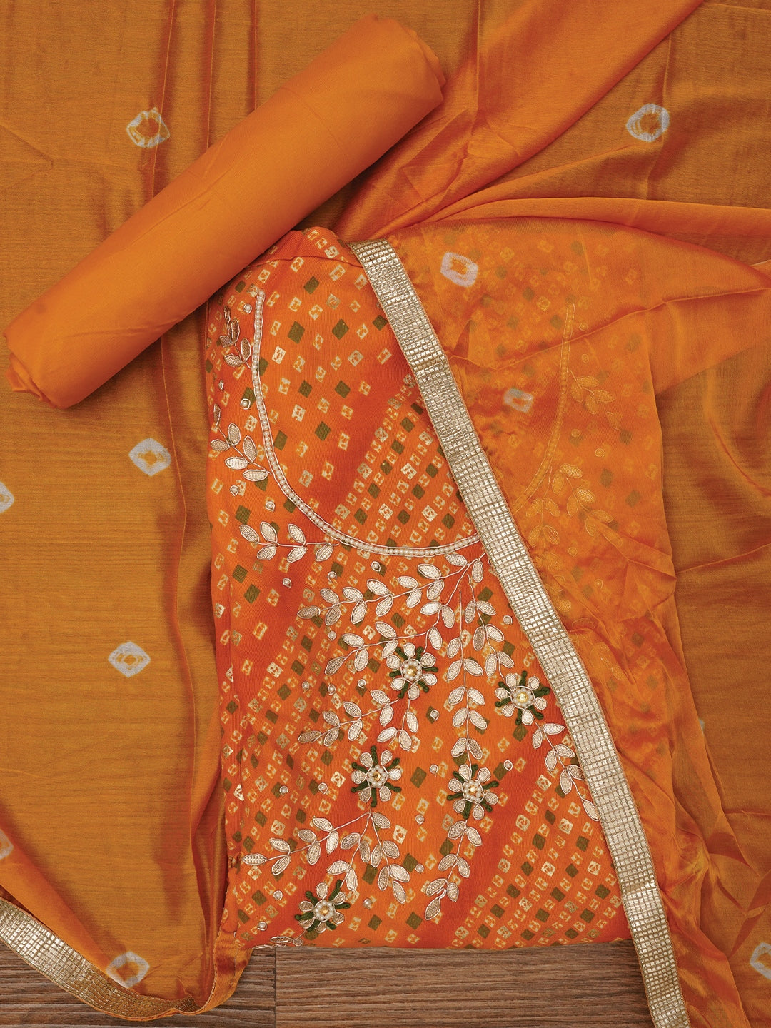 Mustard Unstitched Cotton Bandhani Printed Dress Material With Dupatta