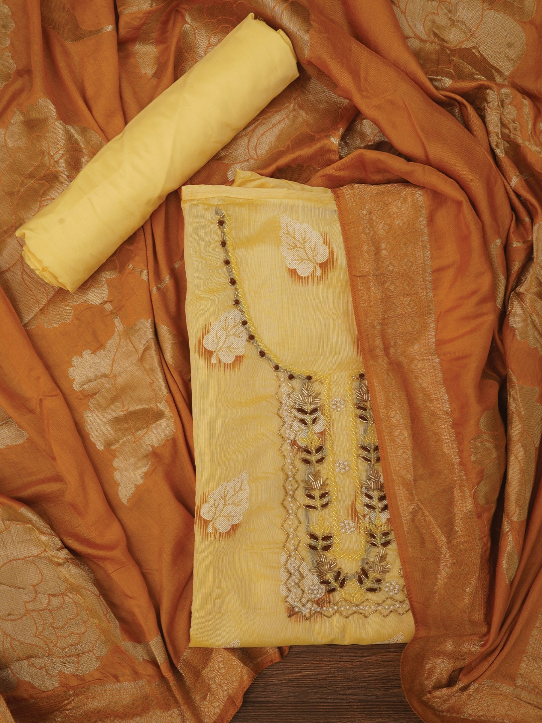 Yellow Embellished Woven Design Cotton Dress Material with Dupatta