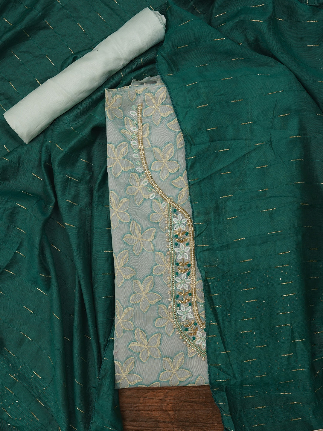 Light Green Floral Printed Embellished Cotton Dress Material with Dupatta