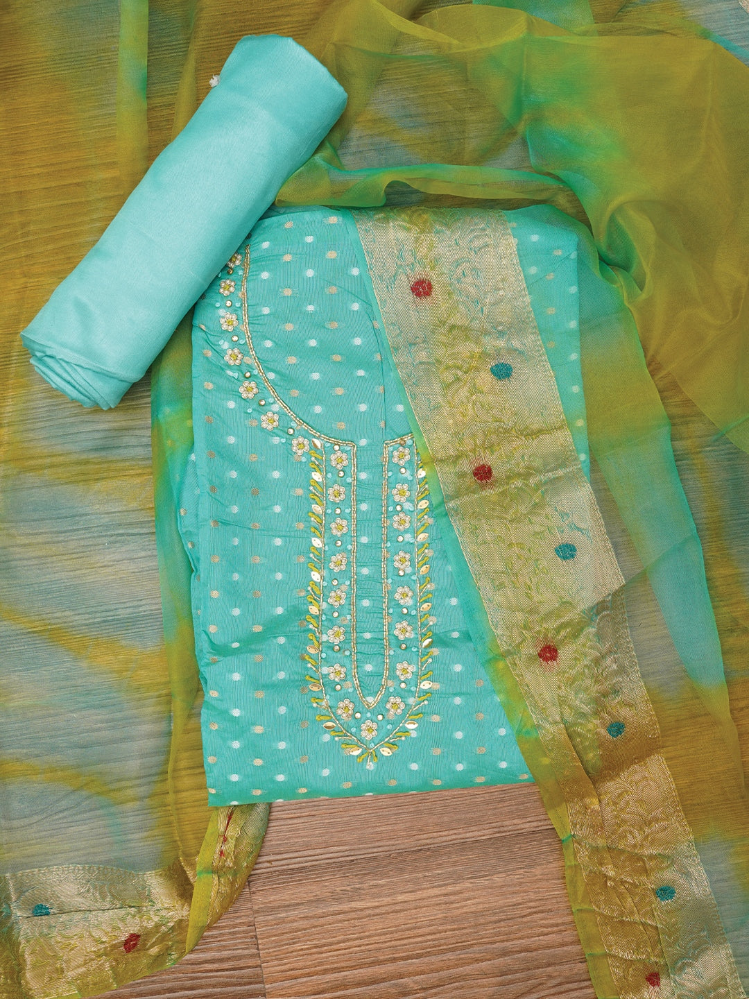 Sea Green Cotton Blend Embellished Dress Material with Dupatta
