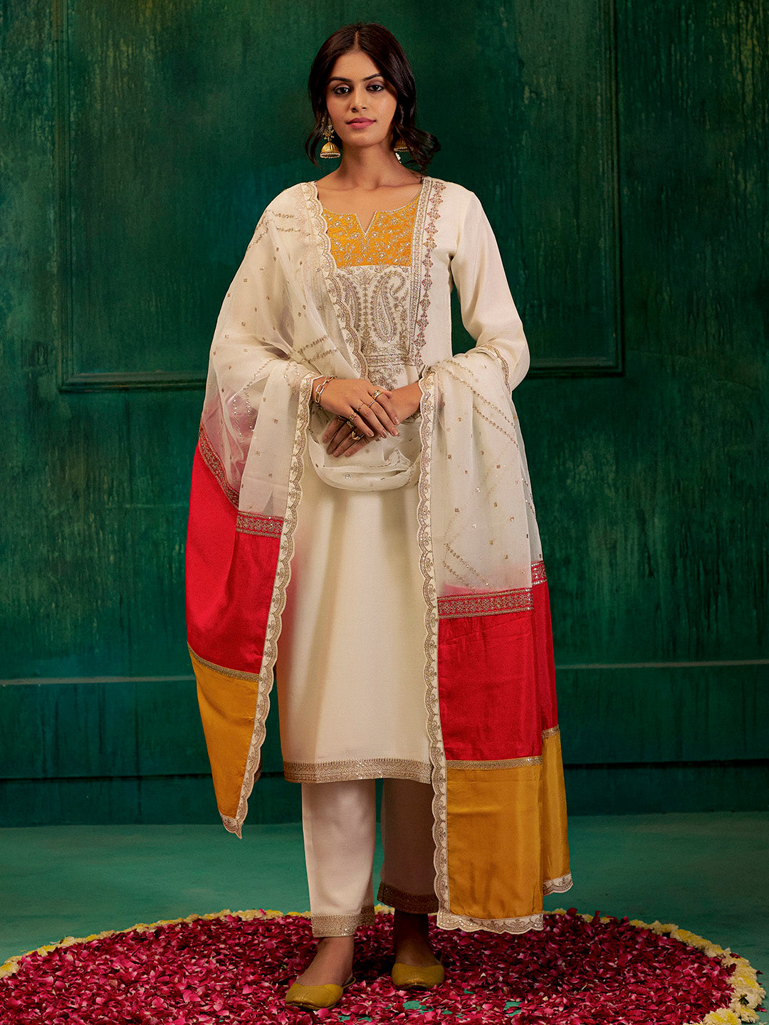 Cream & Mustard Zardozi Embroidered Festive Kurta Set With Dupatta