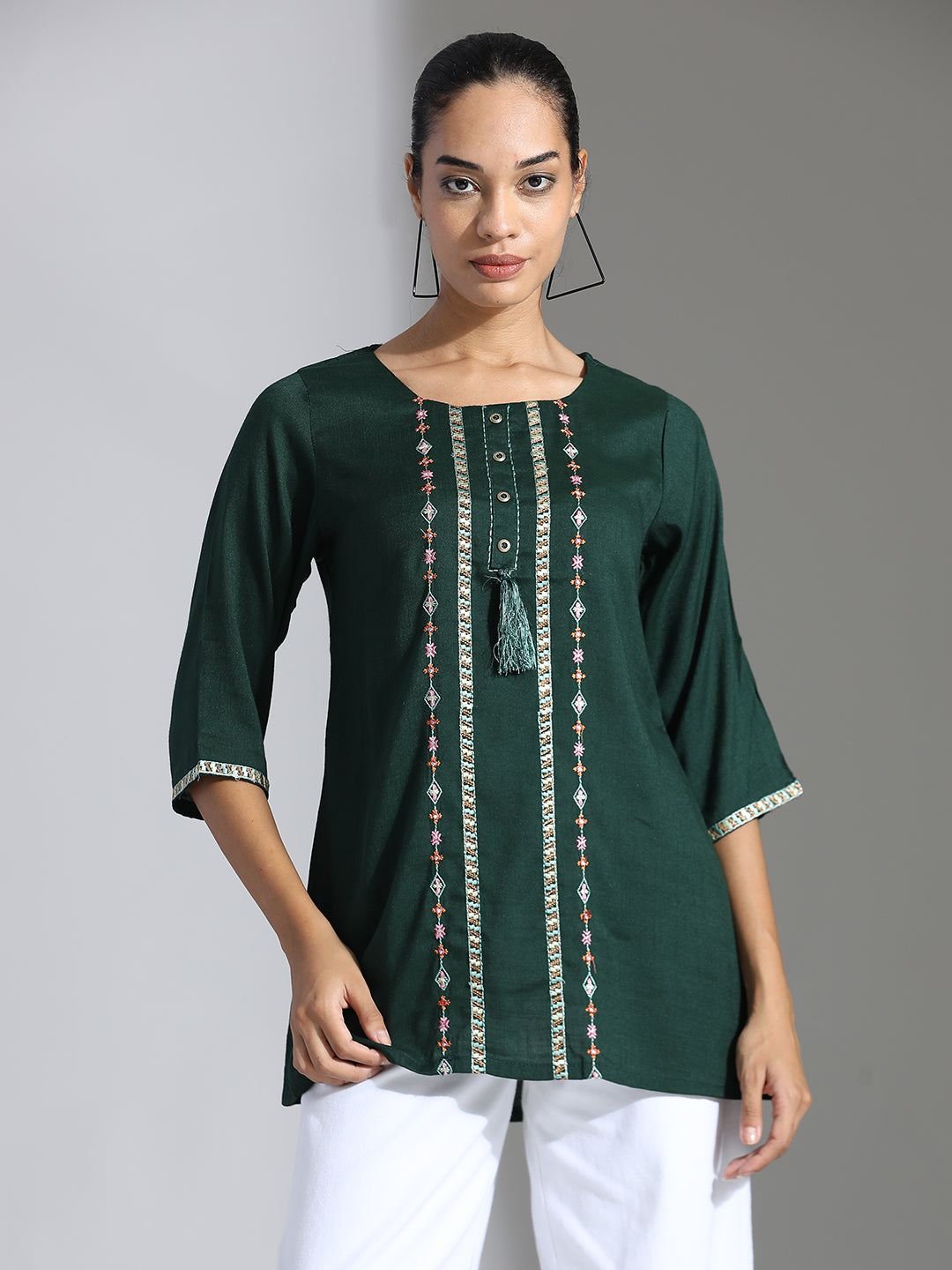 Bottle Green Embroidered Party Wear A-line Top