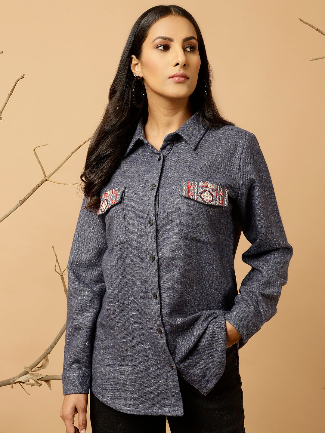 Navy Blue Embroidered Woolen Shirt