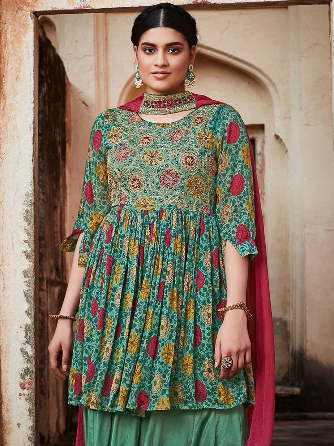 Blue Floral Printed Short Kurta With Sharara And Pleated Dupatta